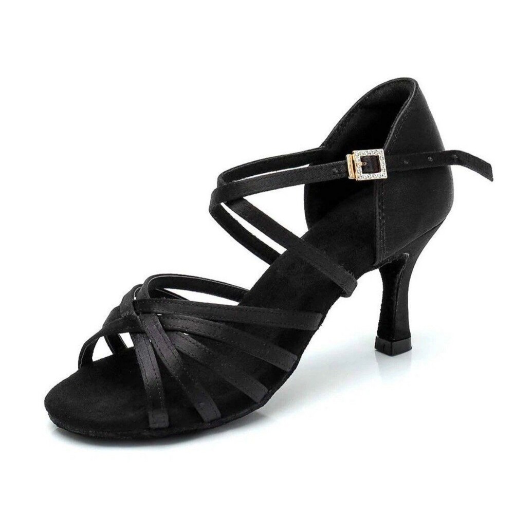 RoseMoli Womens Satin Latin Dance Shoes Black 2.8" Heel Salsa Ballroom Size 8